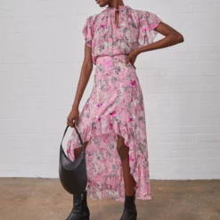 The Kooples JUPE LONGUE DRAPEE AVEC VOLANTSEN FLOWERS ROSE - Gonna Lunga - Pink, Donna