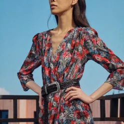 The Kooples ROBE COURTE DRAPEEEN IMPRIME FLOWERS - Vestito Elegante - Red, Donna